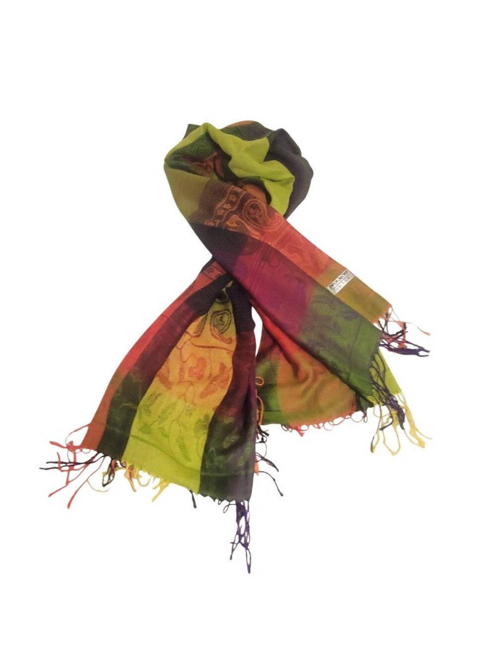 Bold Multicolor Pashmina Silk Blend Scarf With Paisley Block Pattern & Fringes 2